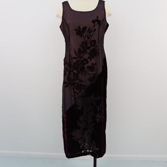 Robbie Bee Vintage Burgundy Floral Burnout Velvet Beaded Maxi Dress Size L - Picture 3 of 15